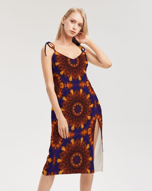 Blue Orange Red Kaleidoscope Women's All-Over Print Tie Strap Split Dress