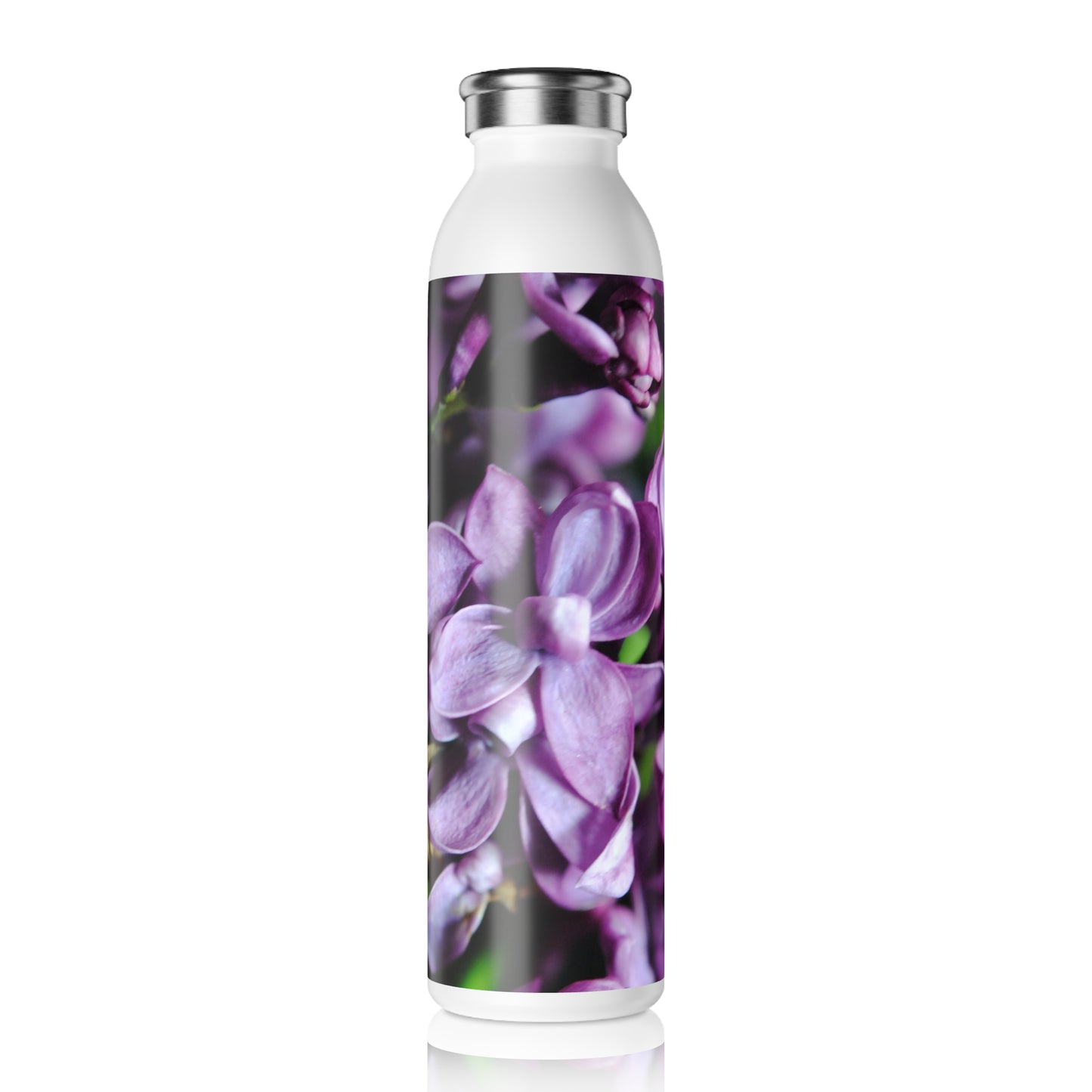 Macro Lilacs Slim Water Bottle, Purple Flower Design, Eco-Friendly Hydration, Gift for Nature Lovers, Reusable Stylish Drinkware