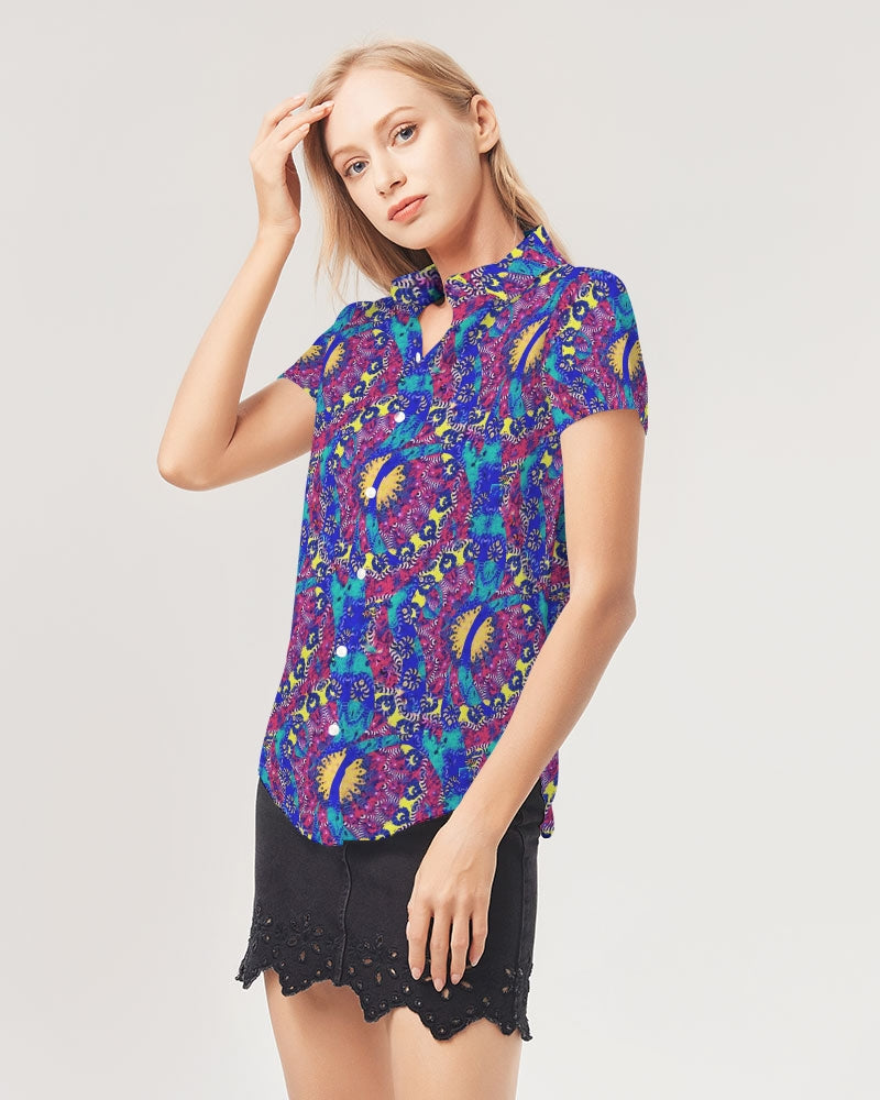 Caribbean Grafitti Women's All-Over Print Short Sleeve Button Up