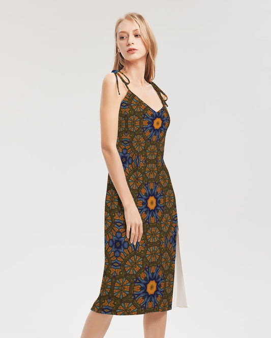 Blue and Yellow Sketch Kaleidoscope  Women's All-Over Print Tie Strap Split Dress