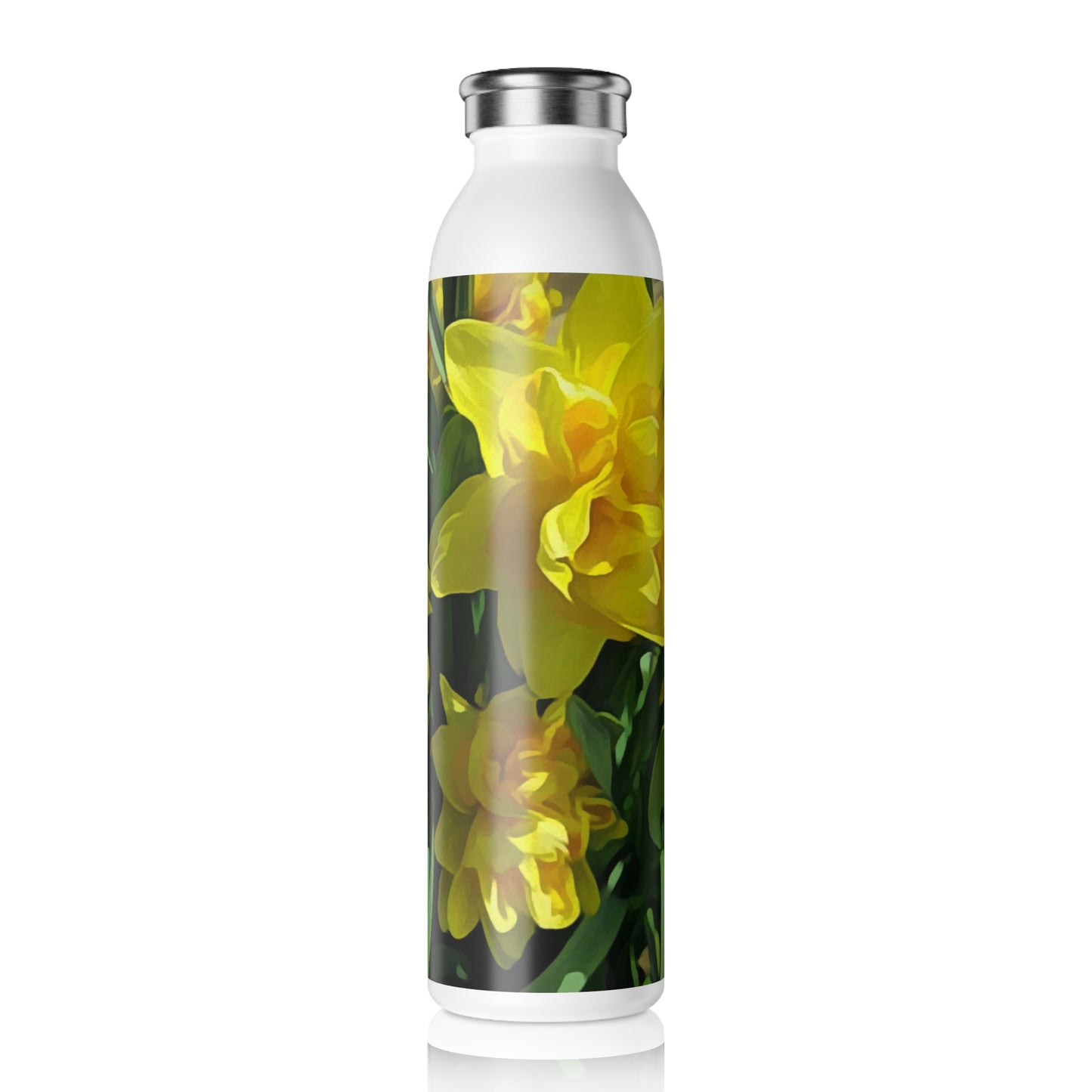 Bright Yellow Daffodils Slim Water Bottle with Daffodil Design, Eco-Friendly Reusable Bottle, Floral Drinkware, Gift for Nature Lovers, Summer Hydration