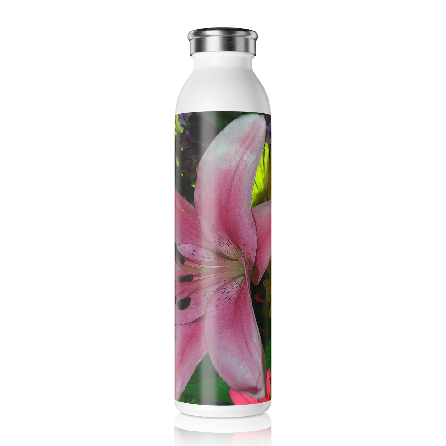Floral Lily Slim Water Bottle — Pink & Yellow Botanical Insulated Bottle