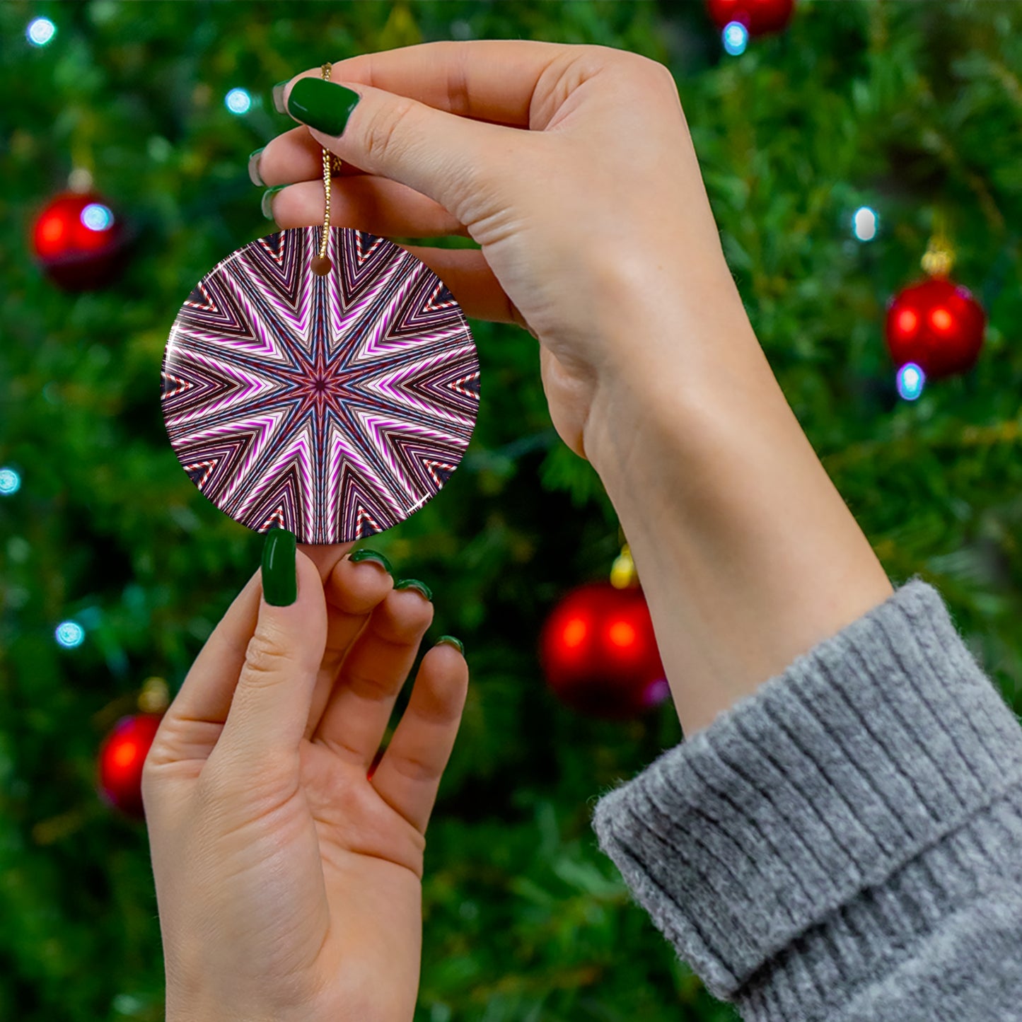 Candy Cane Kaleidoscope Star Ceramic Ornament — Pink Geometric Holiday Decoration