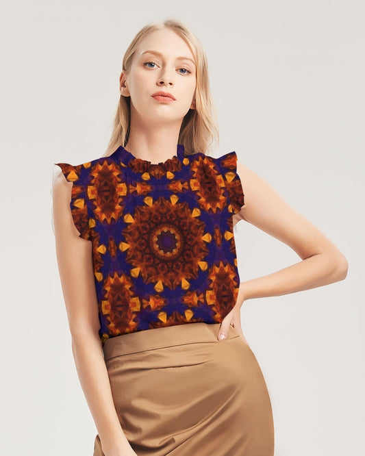 Blue Orange Red Kaleidoscope Women's All-Over Print Ruffle Sleeve Top