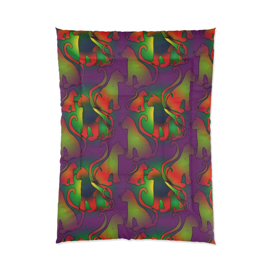 Psychedelic Abstract Cat Comforter — Vibrant Rainbow Swirl Bedding