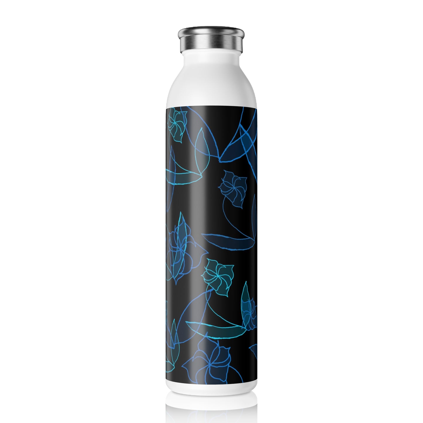 Blue Lillies on Black Slim Water Bottle Eco-Friendly Hydration Bottle, Stylish Fitness Flask, Gift for Nature Lovers, Floral Art [...]