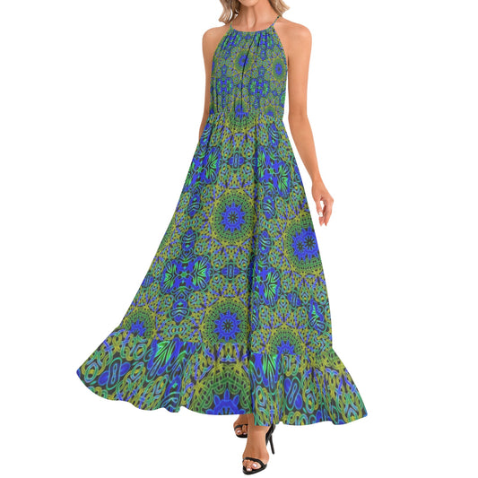 Blue Green Celtic Knot Kaleidoscope Ruffle Hem Halter Neck Maxi Dress