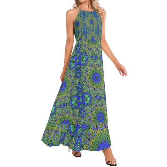 Blue Green Celtic Knot Kaleidoscope Ruffle Hem Halter Neck Maxi Dress