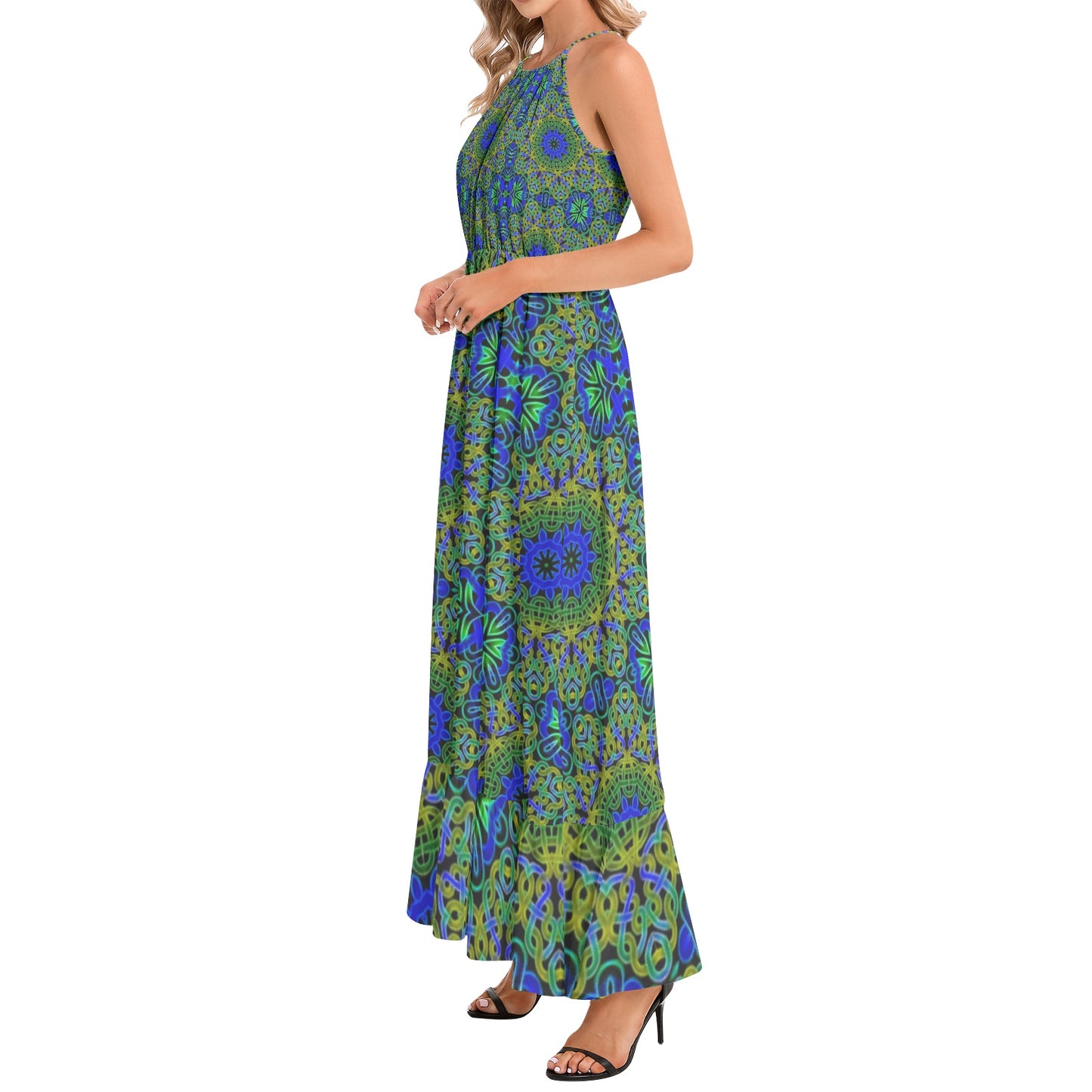 Blue Green Celtic Knot Kaleidoscope Ruffle Hem Halter Neck Maxi Dress