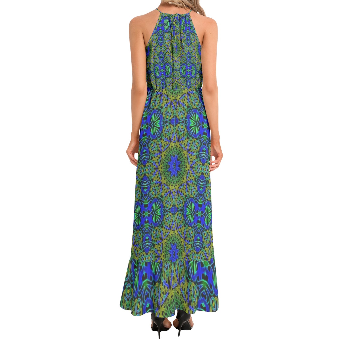 Blue Green Celtic Knot Kaleidoscope Ruffle Hem Halter Neck Maxi Dress