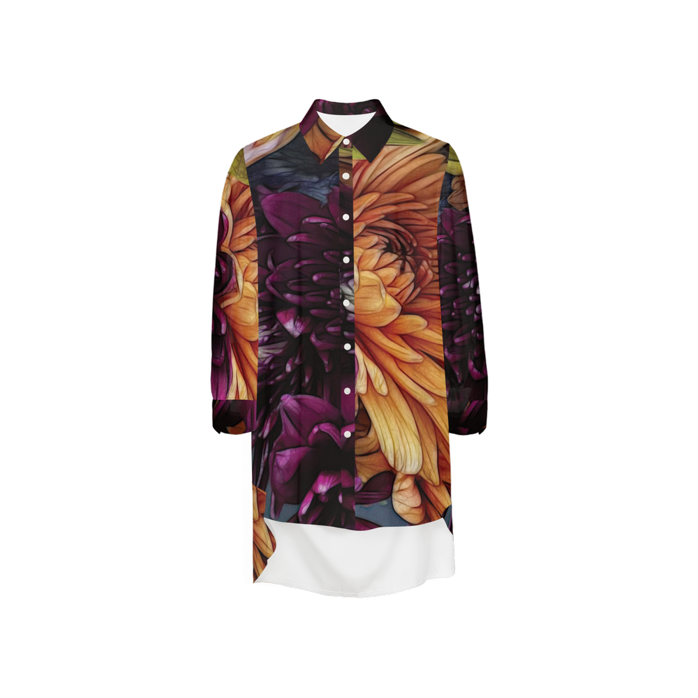 October Flowers 9 Women's High-Low Long-Sleeve Hem Shirt Silky-like Elegance