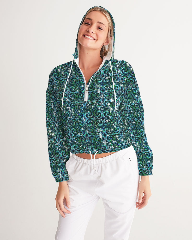Blue Ice Sparkle Swirl Women's All-Over Print Cropped Windbreaker