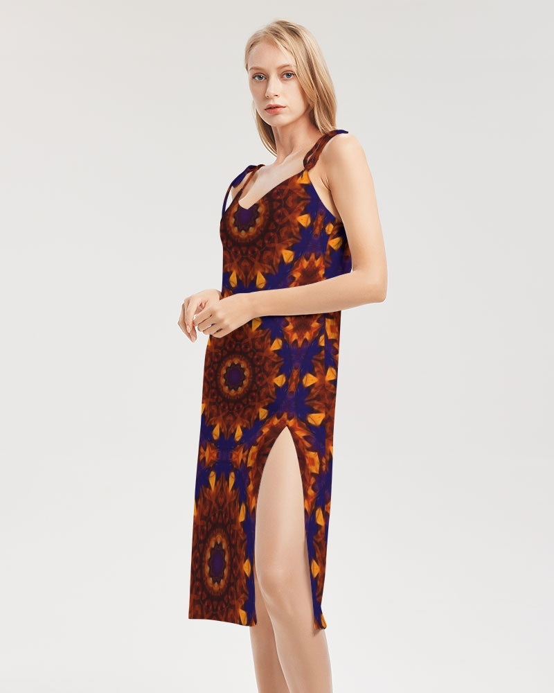 Blue Orange Red Kaleidoscope Women's All-Over Print Tie Strap Split Dress