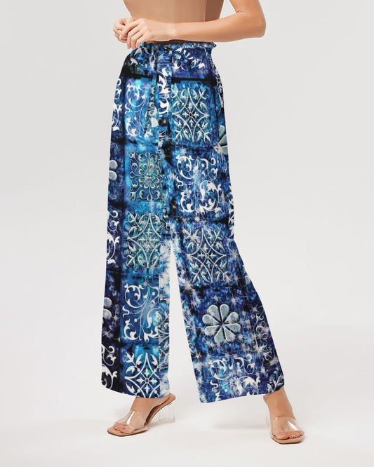 Blue Ice Crystals Motif Women's All-Over Print High-Rise Wide Leg Pants