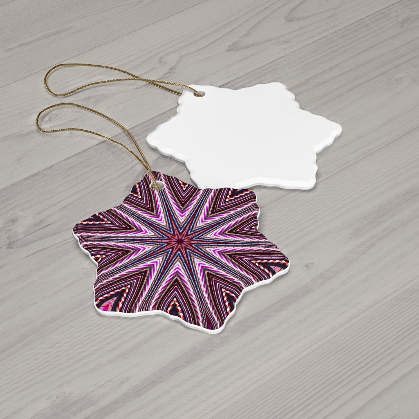 Candy Cane Kaleidoscope Star Ceramic Ornament — Pink Geometric Holiday Decoration