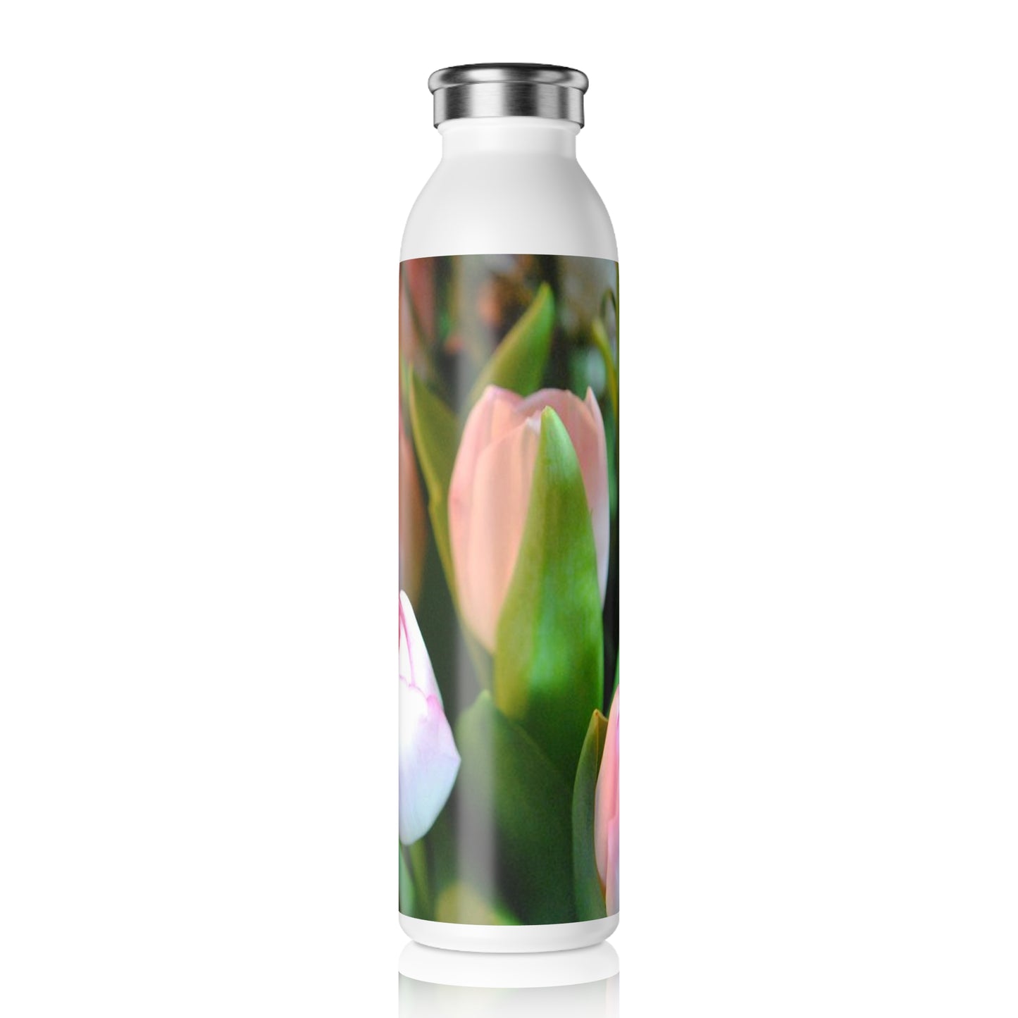 Slim Water Bottle — Pink Tulip Floral Stainless Steel Bottle, Spring Garden Drinkware