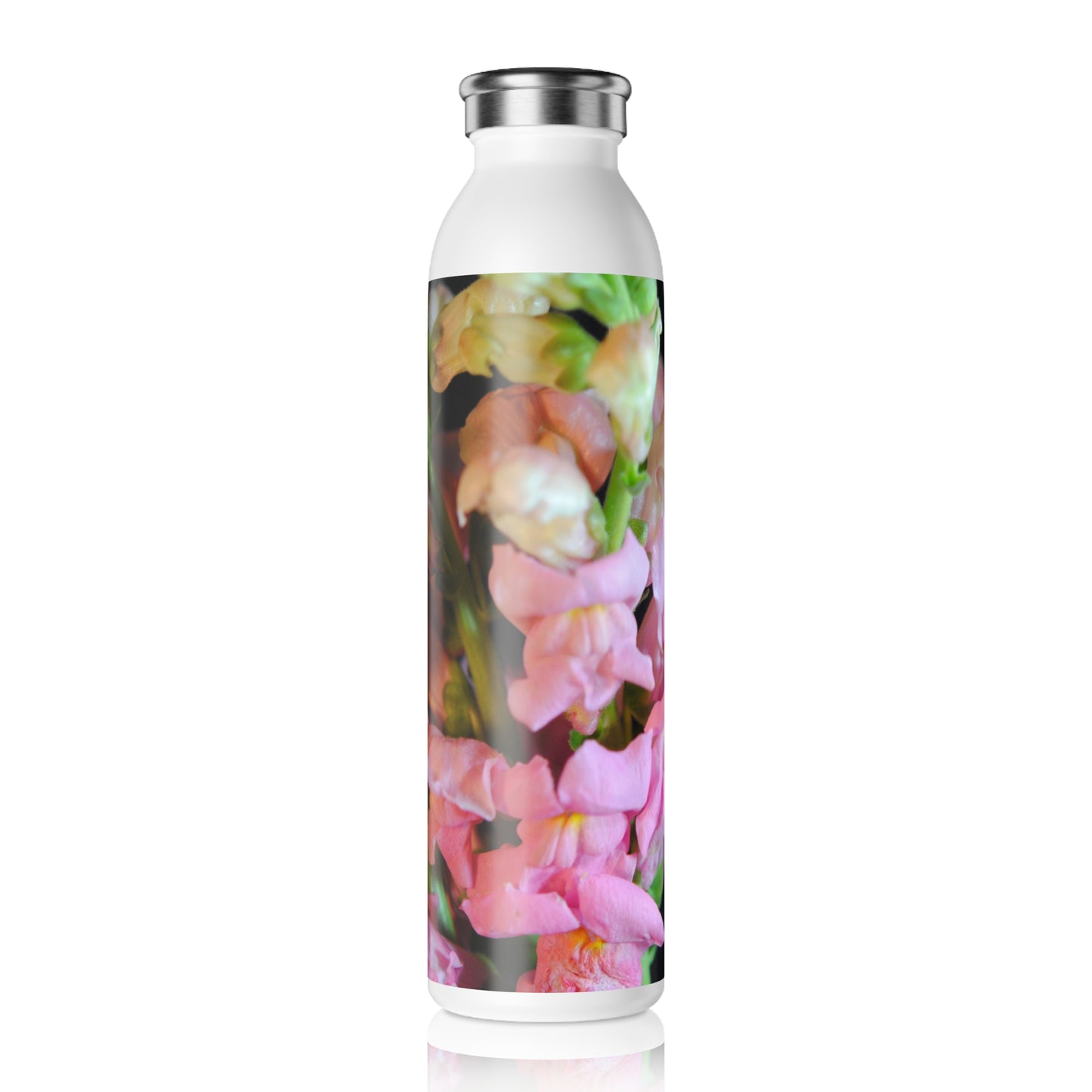 Floral Snapdragons Slim Water Bottle — Pink Garden Stainless Steel Bottle