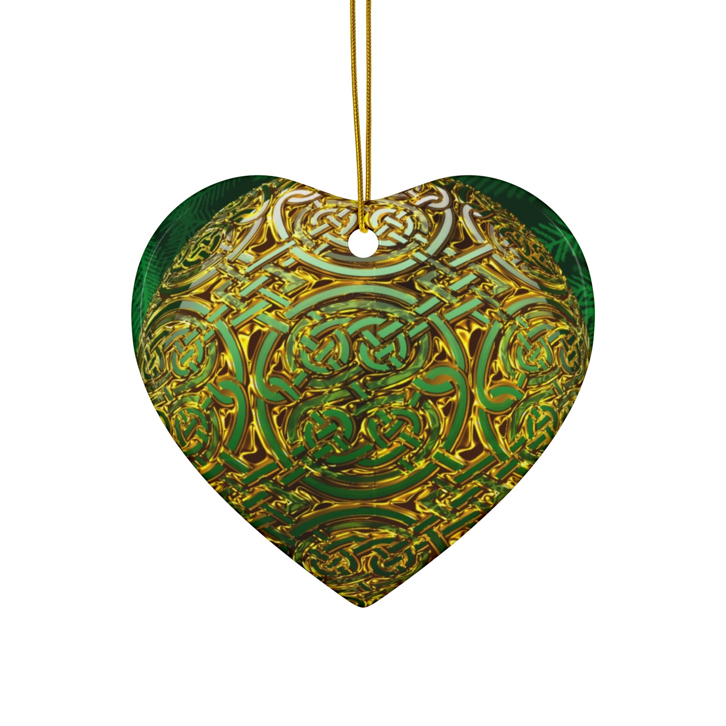 Celtic Green Gold Ceramic Star Ornament — Intricate Knotwork Holiday Decoration