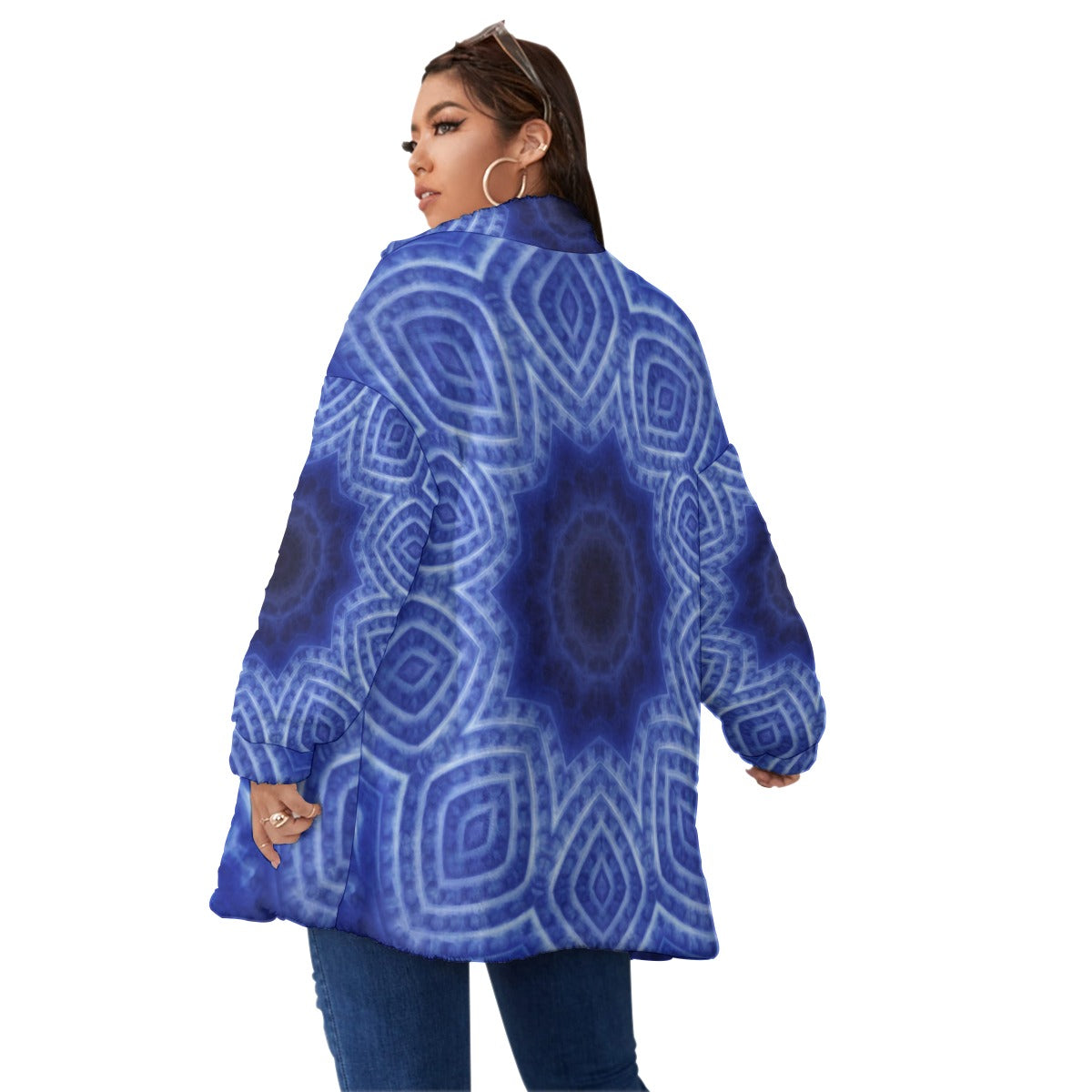 Blue and White Kaleidoscope Unisex Borg Fleece Stand-up Collar Coat With Zipper Closure(Plus Size)