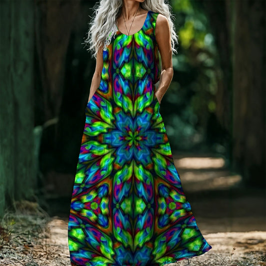 Blue and Green Kaleidoscope All-Over Print Women’s Sleeveless Maxi Dress
