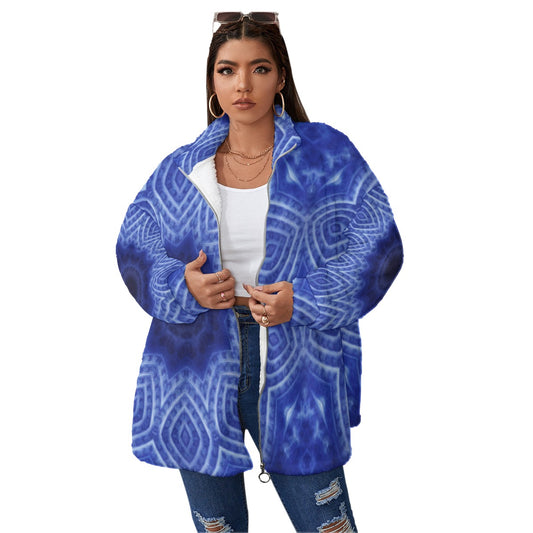 Blue and White Kaleidoscope Unisex Borg Fleece Stand-up Collar Coat With Zipper Closure(Plus Size)