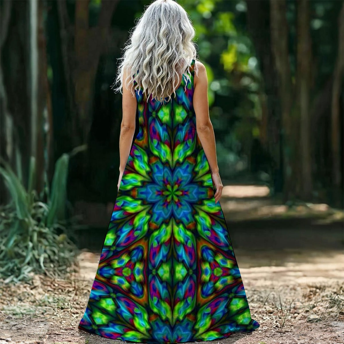 Blue and Green Kaleidoscope All-Over Print Women’s Sleeveless Maxi Dress
