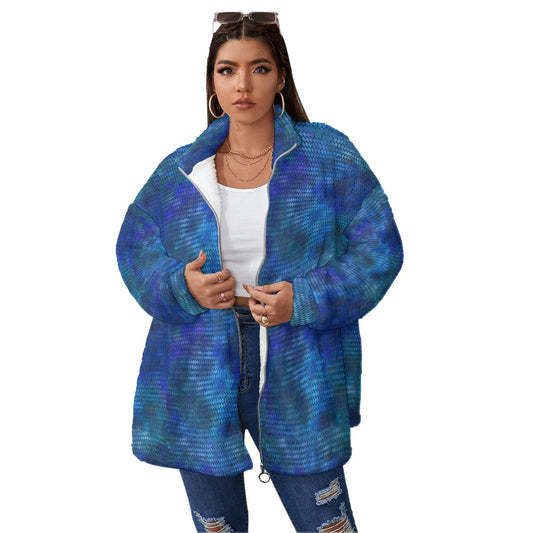 Blue Dragon Scales Unisex Borg Fleece Stand-up Collar Coat With Zipper Closure(Plus Size)