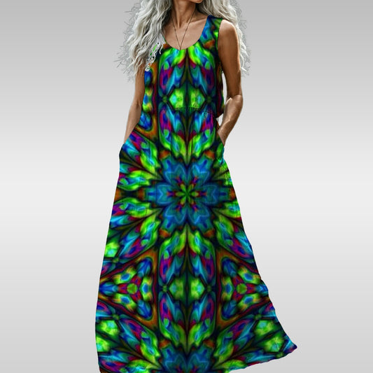 Blue and Green Kaleidoscope All-Over Print Women’s Sleeveless Maxi Dress