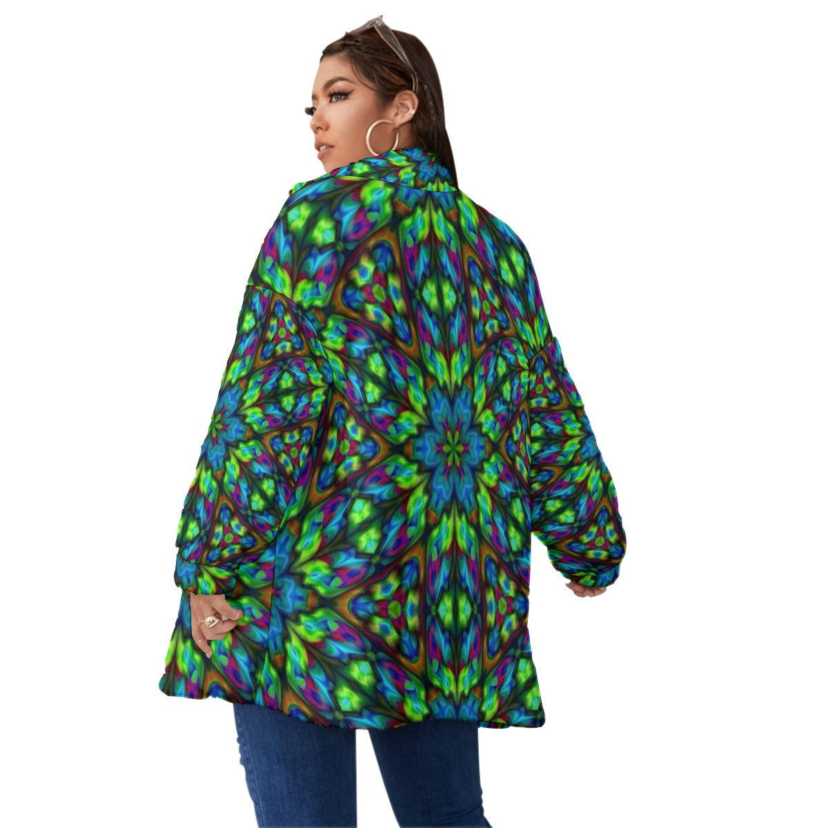 Blue and Green Kaleidoscope Unisex Borg Fleece Stand-up Collar Coat With Zipper Closure(Plus Size)