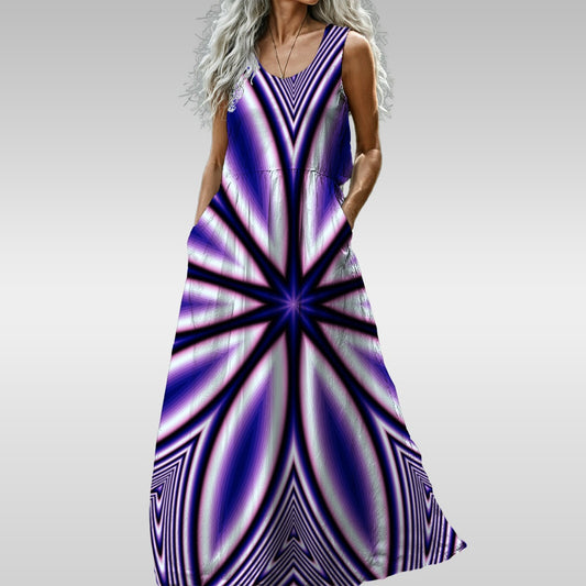 Blue Fractal Flower Kaleidoscope All-Over Print Women’s Sleeveless Maxi Dress