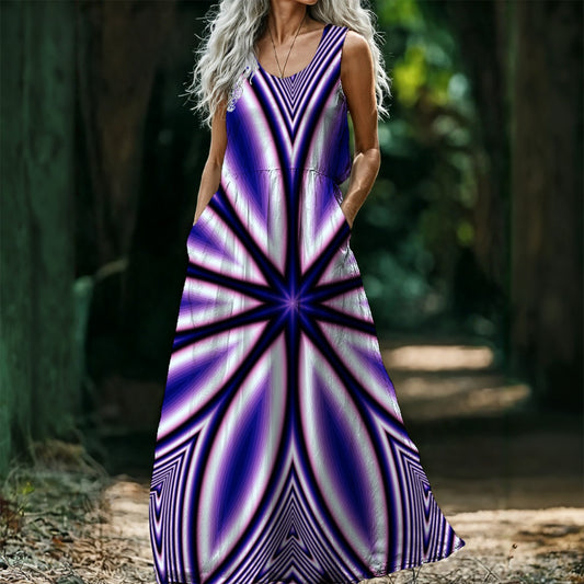 Blue Fractal Flower Kaleidoscope All-Over Print Women’s Sleeveless Maxi Dress
