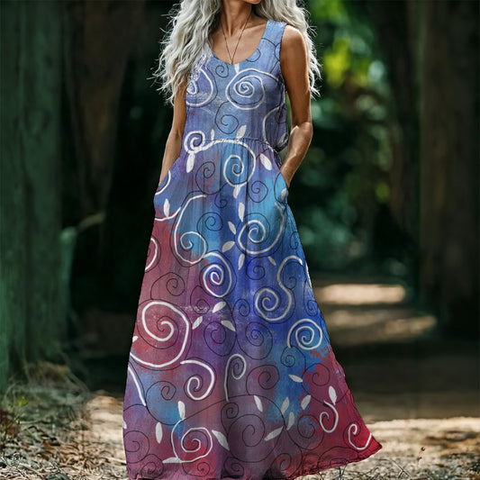 Blue and White Swirl All-Over Print Women’s Sleeveless Maxi Dress