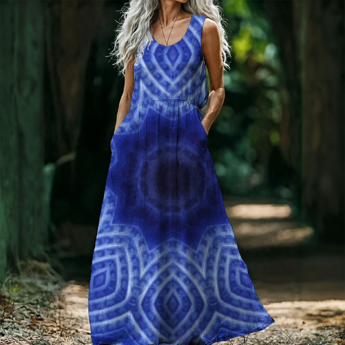Blue and White Striped Kaleidoscope All-Over Print Women’s Sleeveless Maxi Dress
