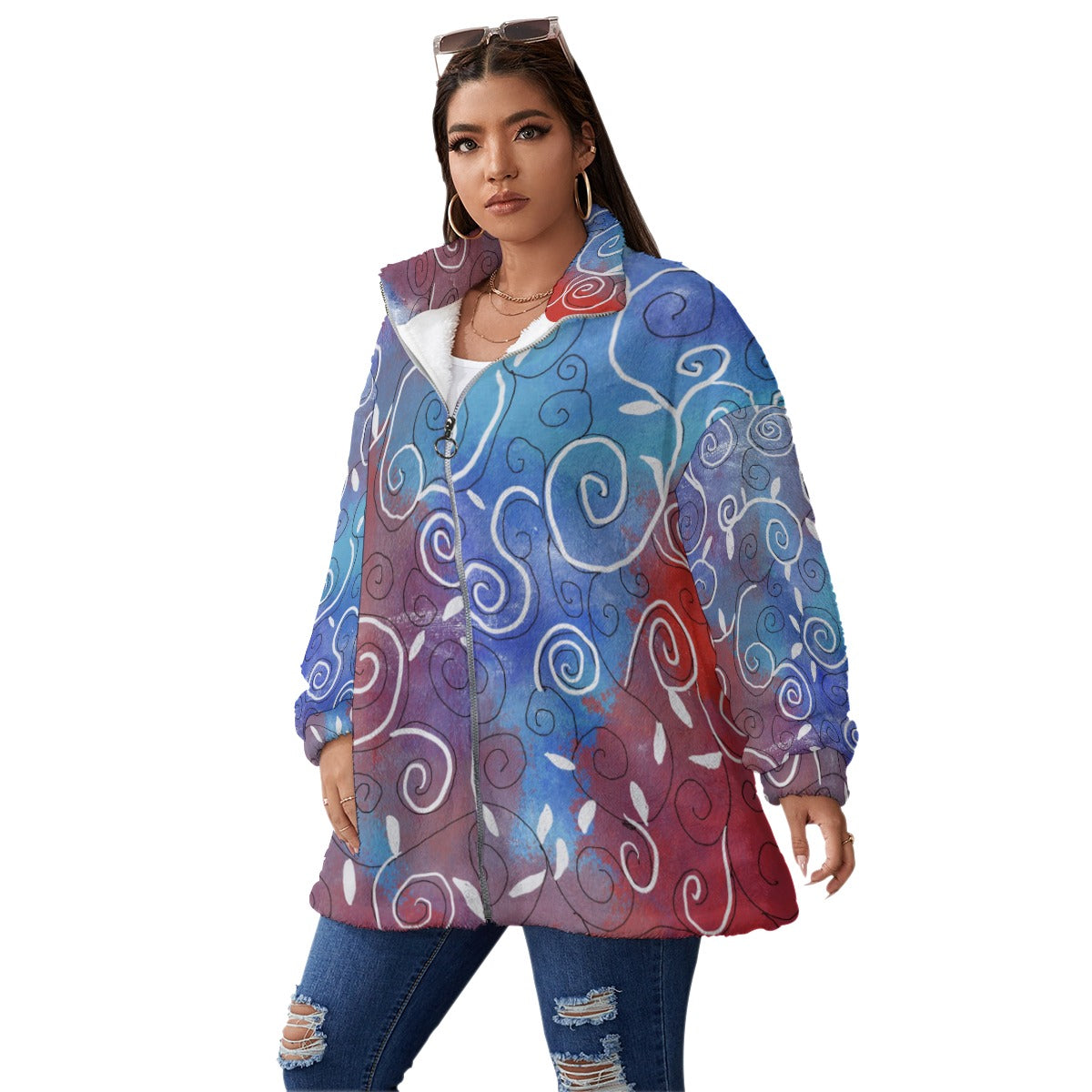 Blue and White Swirl Unisex Borg Fleece Stand-up Collar Coat With Zipper Closure(Plus Size)