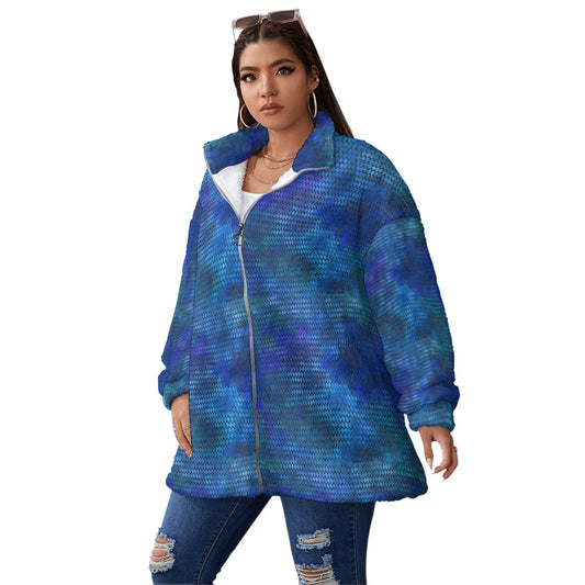Blue Dragon Scales Unisex Borg Fleece Stand-up Collar Coat With Zipper Closure(Plus Size)
