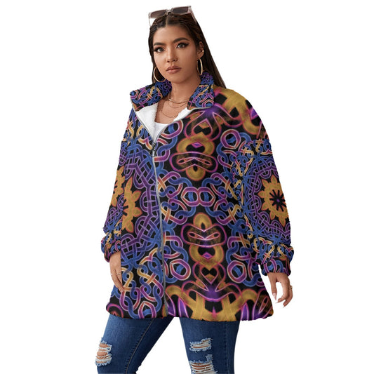 Blue Gold Celtic Kaleidoscope Unisex Borg Fleece Stand-up Collar Coat With Zipper Closure(Plus Size)