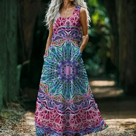 Blue and Pink Kaleidoscope All-Over Print Women’s Sleeveless Maxi Dress