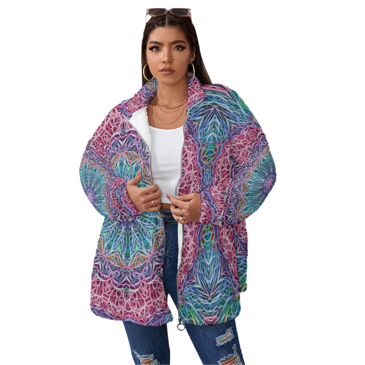 blue and Pink Kaleidoscope Unisex Borg Fleece Stand-up Collar Coat With Zipper Closure(Plus Size)