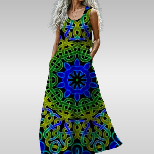 Blue Green Celtic Knot Kaleidoscope All-Over Print Women’s Sleeveless Maxi Dress
