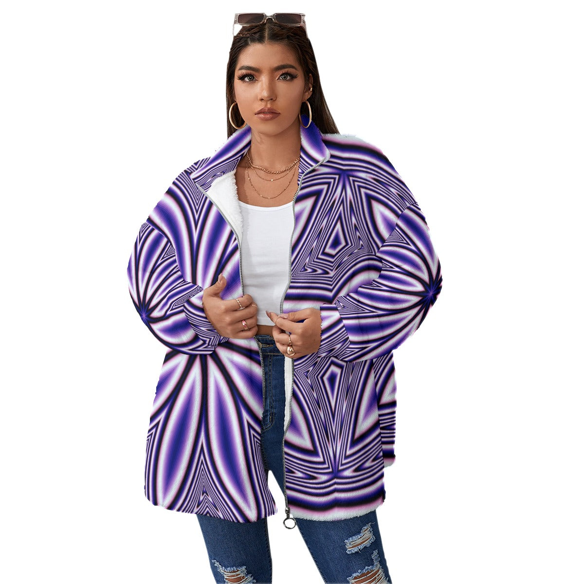 Blue Fractal Flower Unisex Borg Fleece Stand-up Collar Coat With Zipper Closure(Plus Size)