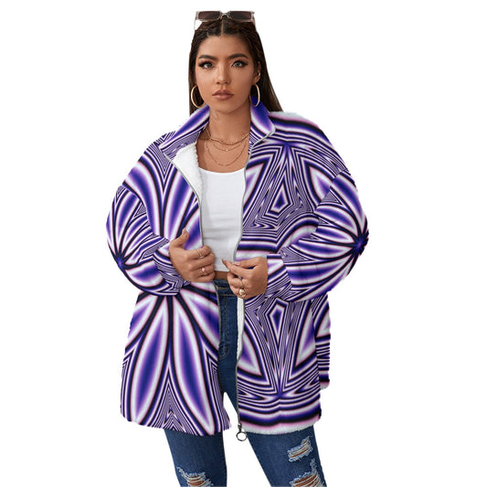 Blue Fractal Flower Unisex Borg Fleece Stand-up Collar Coat With Zipper Closure(Plus Size)