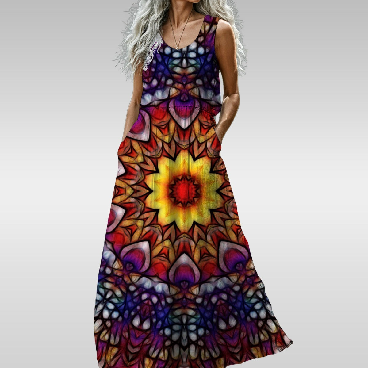 Blue Red Kaleidoscope All-Over Print Women’s Sleeveless Maxi Dress