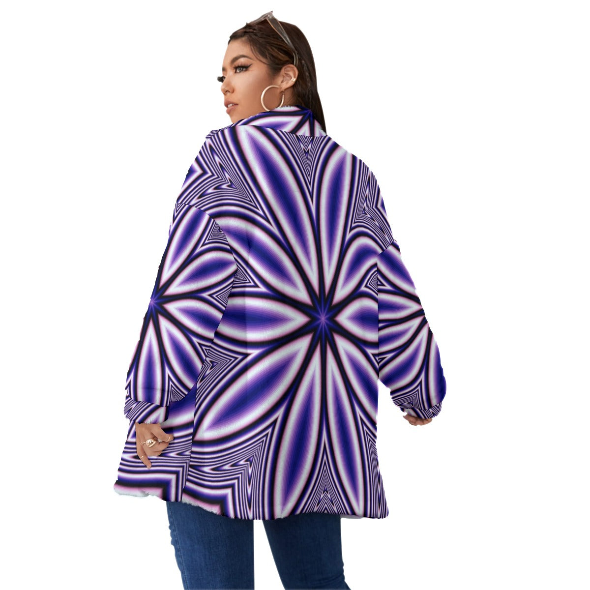 Blue Fractal Flower Unisex Borg Fleece Stand-up Collar Coat With Zipper Closure(Plus Size)