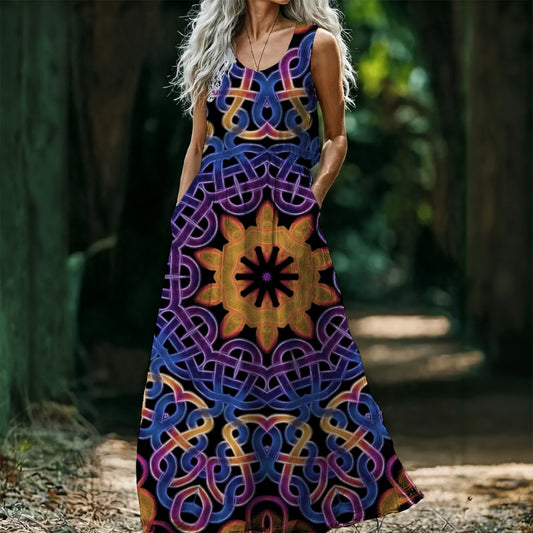 Blue Gold Celtic Kaleidoscope All-Over Print Women’s Sleeveless Maxi Dress