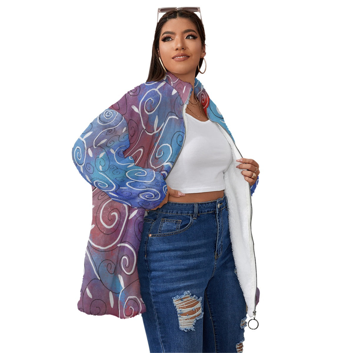 Blue and White Swirl Unisex Borg Fleece Stand-up Collar Coat With Zipper Closure(Plus Size)