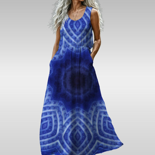 Blue and White Striped Kaleidoscope All-Over Print Women’s Sleeveless Maxi Dress