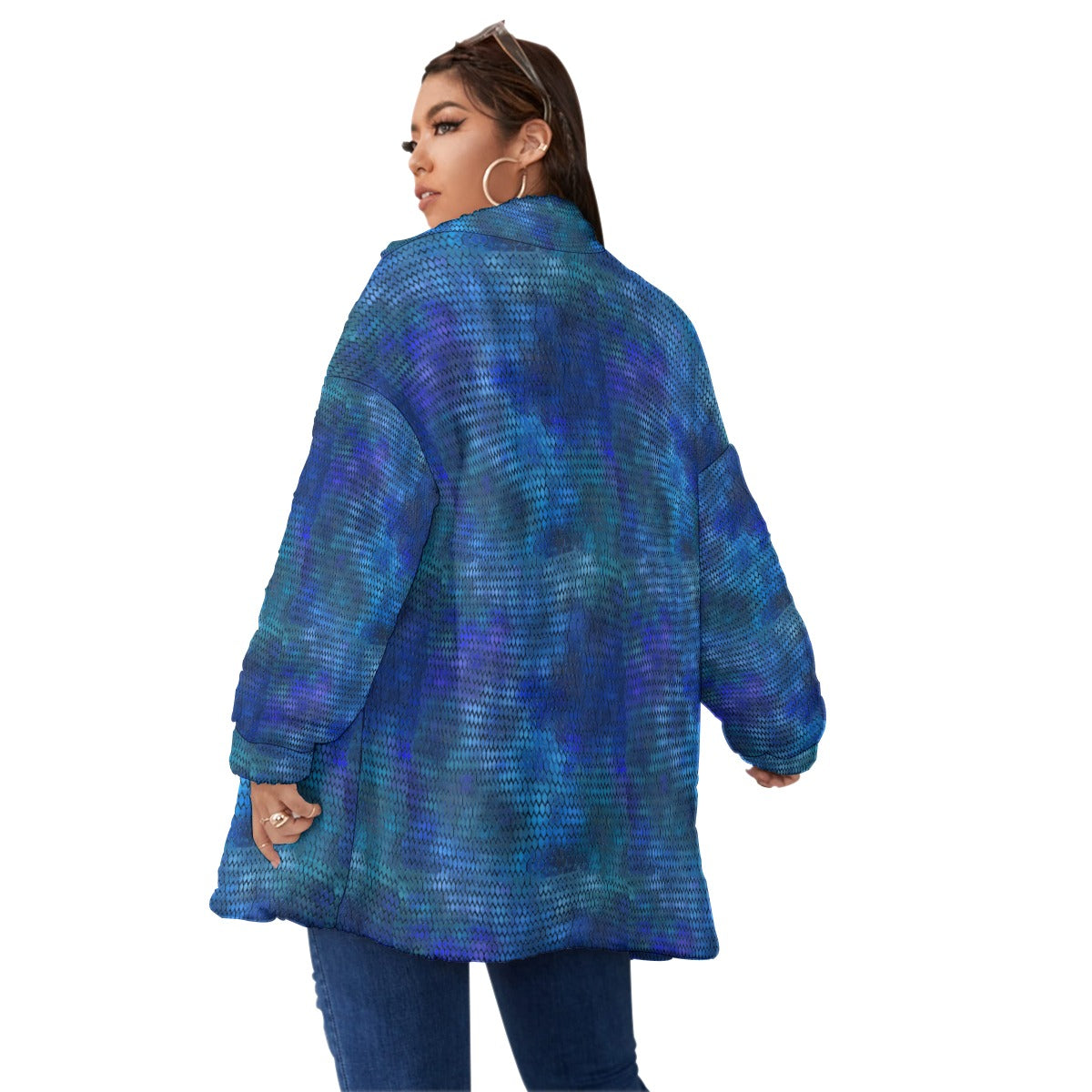 Blue Dragon Scales Unisex Borg Fleece Stand-up Collar Coat With Zipper Closure(Plus Size)