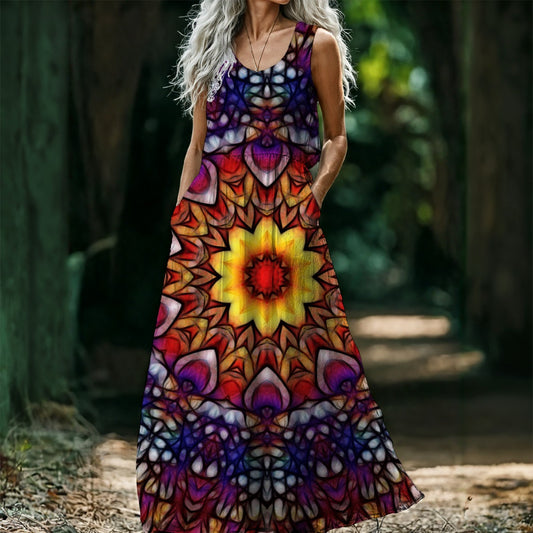 Blue Red Kaleidoscope All-Over Print Women’s Sleeveless Maxi Dress
