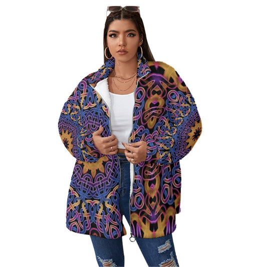 Blue Gold Celtic Kaleidoscope Unisex Borg Fleece Stand-up Collar Coat With Zipper Closure(Plus Size)