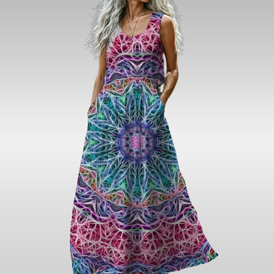 Blue and Pink Kaleidoscope All-Over Print Women’s Sleeveless Maxi Dress